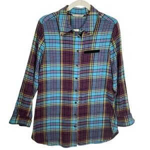 Soft Surroundings M Highlands Plaid Velvet Cuff Shirt Turquoise Pink Boho